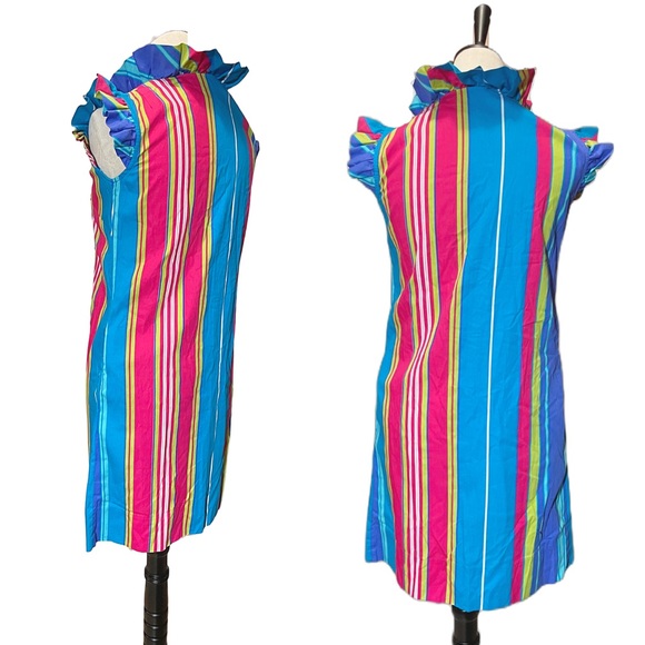 Vintage 60s Striped Ruffle Collar Mod Mini Dress Sz Small - Picture 4 of 6